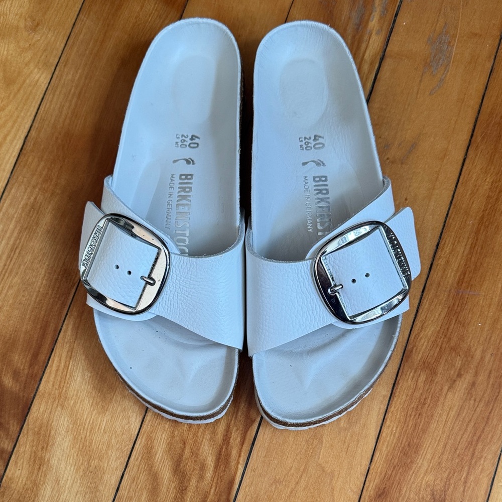 Birkenstock Madrid White Sandals with Silver Buckle